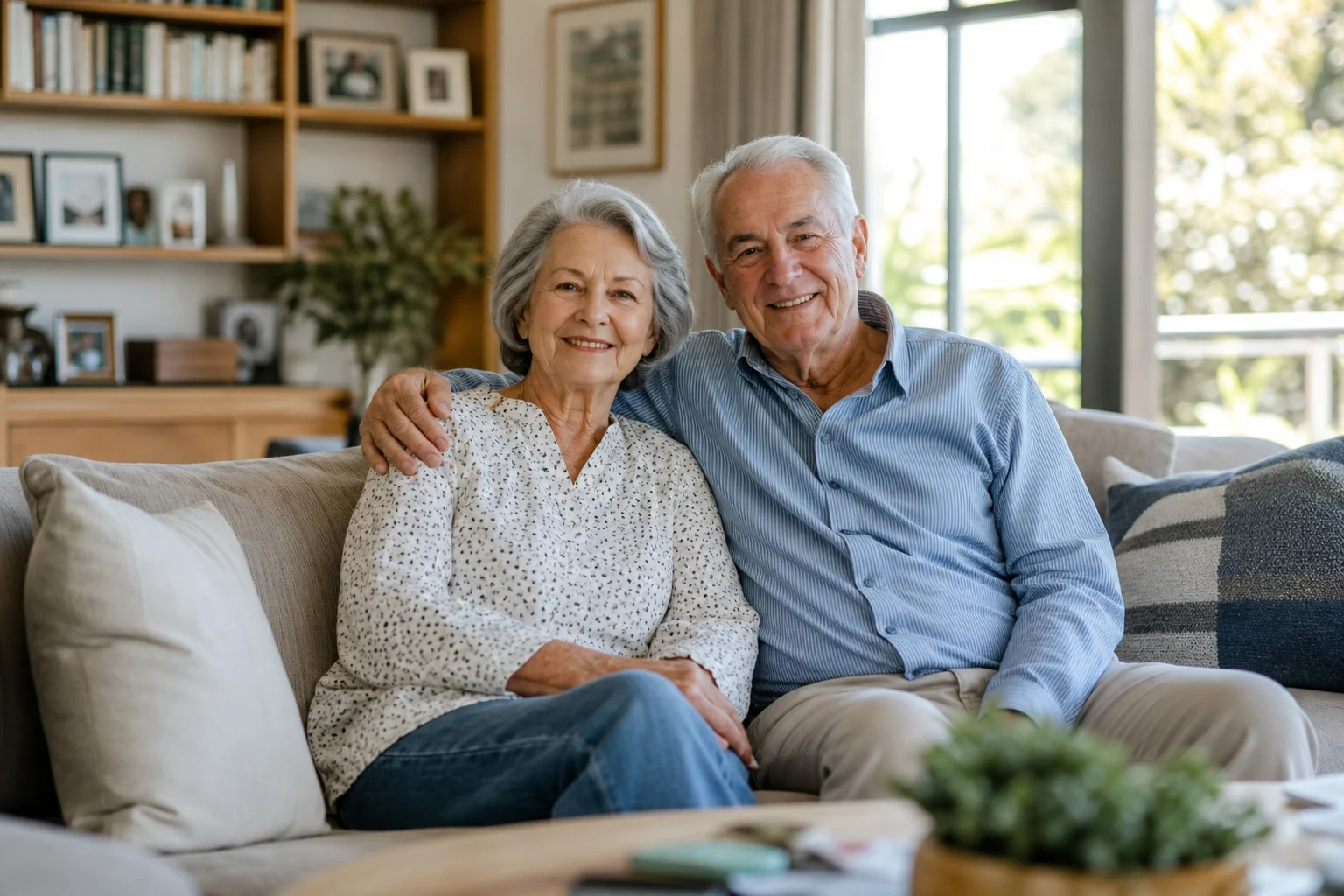 Couple de seniors souriant, assis confortablement dans leur salon